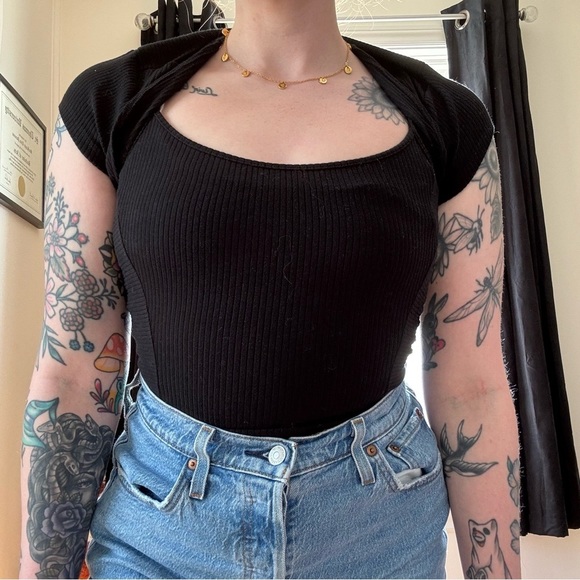 American Eagle Outfitters Tops - Black Ribbed Bodysuit with Attached Shrug